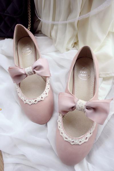 两件包邮 韩版蕾丝蝴蝶结 清新甜美芭蕾鞋坡跟单鞋 鞋子 咖/粉