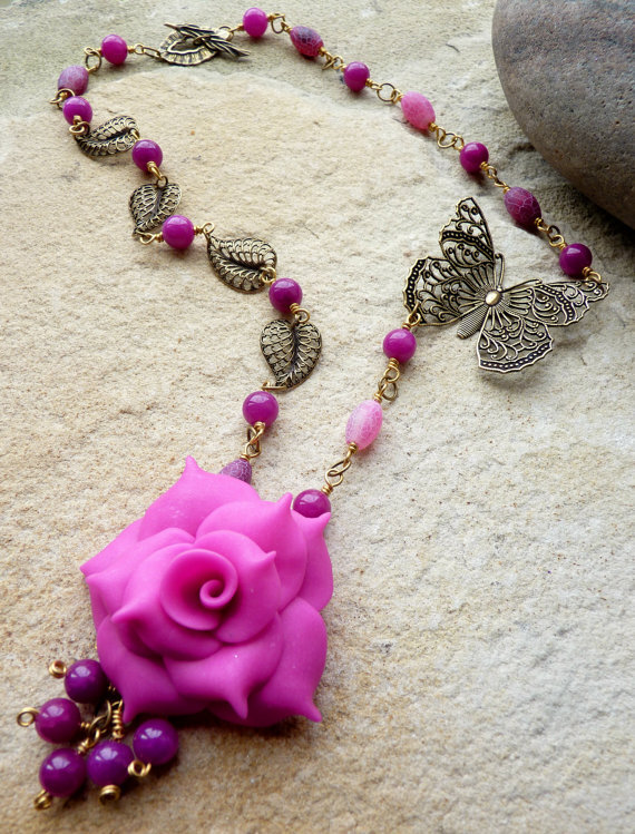 Statement Necklace Hot Pink Rose Butterfly &amp; Semi Precious Gemstone SRAJD