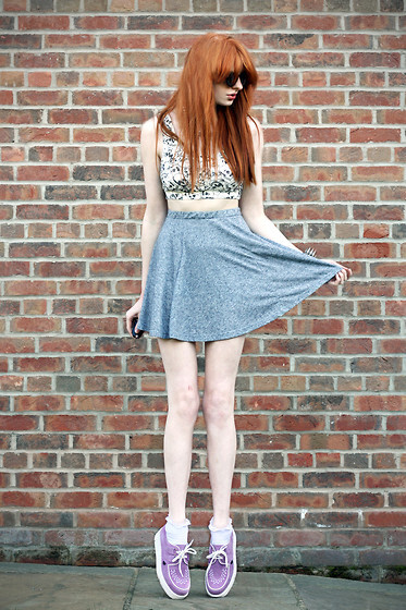 Skull Crop Top, Grey Skirt, Lilac Creepers, Mink Pink Sunglasses