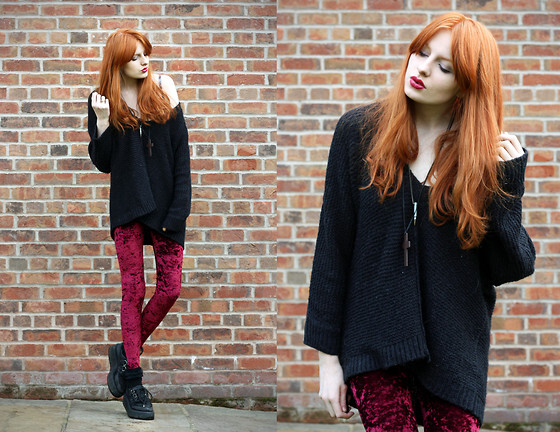 Big Jumper, Bullet Necklace, Wooden Cross, Velvet Leggings, Creepers