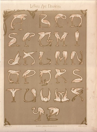 An original lithograph of an Alphabet, composed of flamingos, published in Paris, c.1900, from the portfolio “Lettres st Enseignes” by E. Mulier.