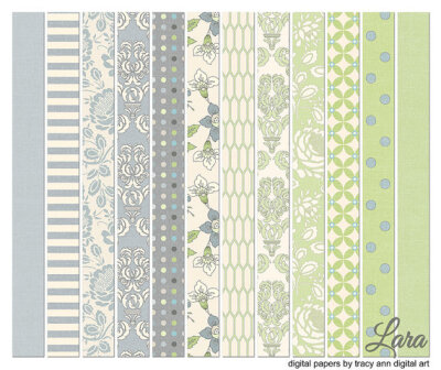 Lara Printable Scrapbook Paper Damask, Floral Pastel, Dusty Blue Craft Sheets