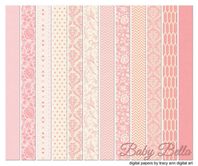 Baby Pink Digital Download Papers Damask, Pastel Pink Chevron, Pink Roses Printable Scrapbook Paper Pretty in Pink Craft Sheet