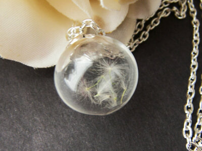 Real Dandelion Seeds Necklace Hand Blown Glass Orb Bead Globe - MAKE A WISH