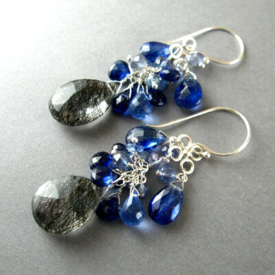 Tourmalated Quartz, Kyanite, and Blue Topaz Sterling Earrings