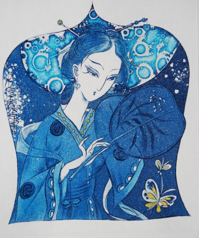 易阳藏书票《宝钗扑蝶》