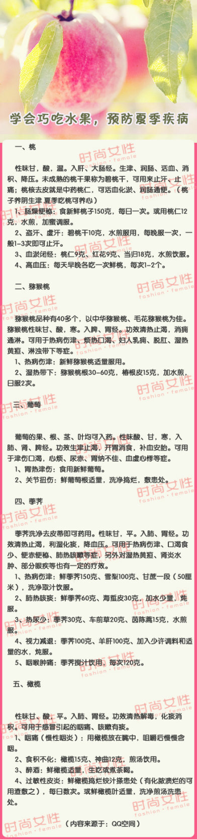 【学会巧吃水果，预防夏季疾病】夏季天气炎热，暑湿偏重，暑热伤津耗气，容易引发疾病。中医有药食同源的说法，因而推荐食物调理。在夏季，可以采用水果食疗法，选择适当的水果防治疾病，以下为大家推荐一下水果防治疾病的小疗法。