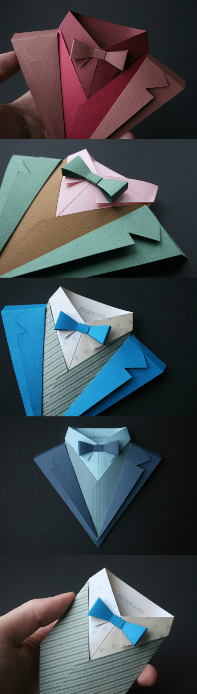 意大利纸品公司Fedrigoni最近推出了一本折纸小册子，教给用户如何通过五颜六色的纸按照书上的模板折出男士服装。