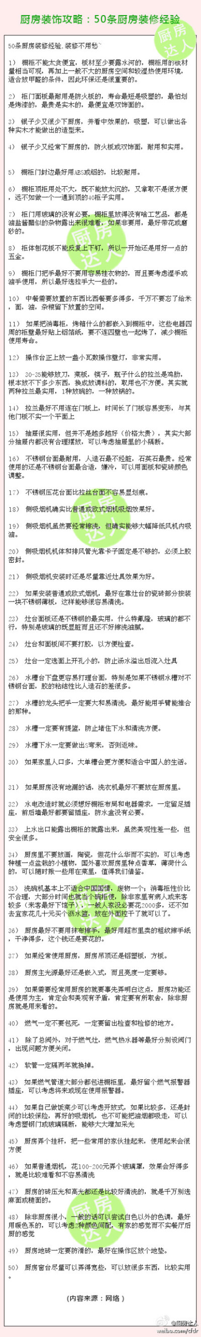 〖厨房装饰攻略：50条厨房装修经验〗网友总结的经验，快学习一下～