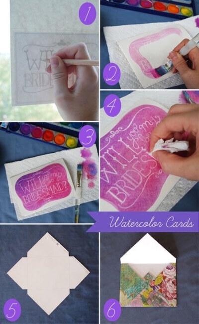 DIY一个幸福的邀请卡.一只蜡笔和水彩就行了。刷子不要太湿，然后每个颜色沾一点，平刷下去当最外面的颜色用完了会改变成下一个颜色。先用蜡笔勾画再用水粉颜料涂上去就可以了。不是很明白的可以动手试试就知道了哦~ …