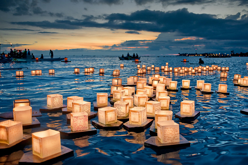 Floating Lanterns Launched at Sunset