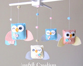 Baby Crib Mobile - Baby Mobile - Owl Mobile - Coral and Aqua Mobile