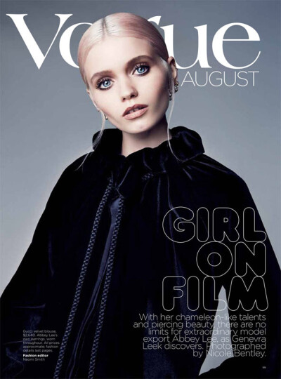 VOGUE澳大利亚版近日发布八月大片，由澳大利亚的美少女超模阿比丽Abbey Lee Kershaw加盟演绎，摄影师 Nicole Bentley 掌镜。