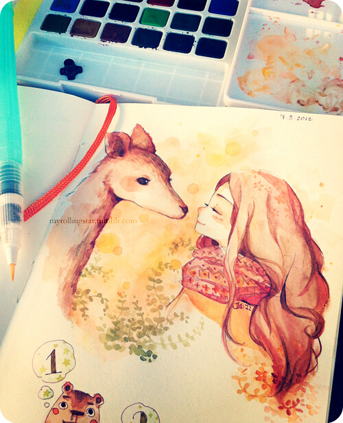 Watercolored this at an outdoor sketchjam yesterday!   deers are such sweet creatures (づ￣ ³￣)づ