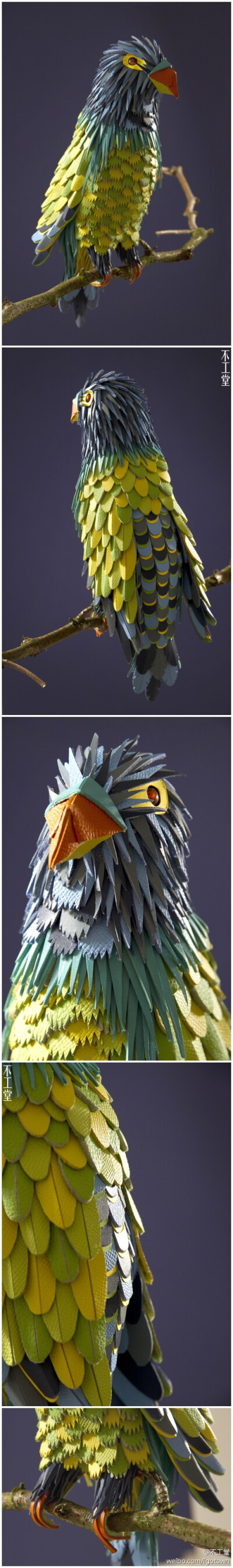 Zim and Zou以往的作品都以纸为材料，这次升级了，她们利用爱马仕工坊里的皮革下脚料制作了这只皮鹦鹉，用来参加位于香港的一个展览。