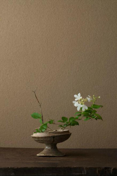 日本花艺师川濑敏郎不喜欢用开到繁盛的花束，而往往选择淡雅素简的一两条花枝进行创作，他喜欢用一些古老、质朴、布满历史痕迹的器皿当做花器,在朴拙的意境中传递出四季的低语。