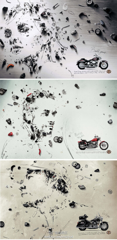 曾获戛纳广告节金狮奖的哈雷摩托车创意广告， 把哈雷拆成单个的零件拼成了人像，寓意每个拥有者为哈雷机车注入了灵魂。