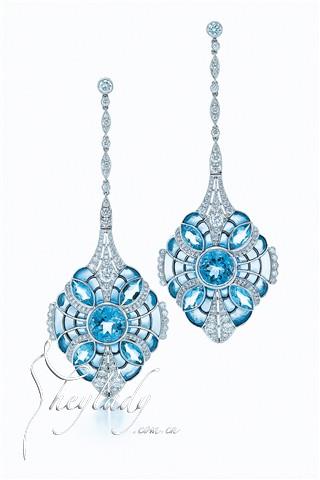 Tiffany &Co. 海蓝宝石和镂花珐琅耳坠