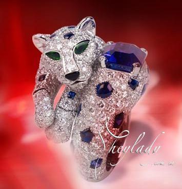 卡地亚铂金钻石蓝宝石猎豹造型戒指