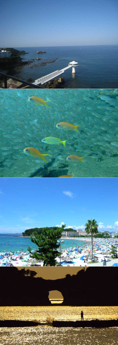 【南紀白浜(和歌山)】是面向太平洋的和歌山县南部地区。千畳敷, 三段壁, 圆月岛等大自然中的诞生的绝美景观都非常著名。自古以来就是著名的温泉疗养地。面向铅山湾的白良浜，是一片绵延600m的散发出雪白光芒的美丽海滩。一边眺望美丽的景色一边品尝新鲜的海产也是白浜的魅力所在。