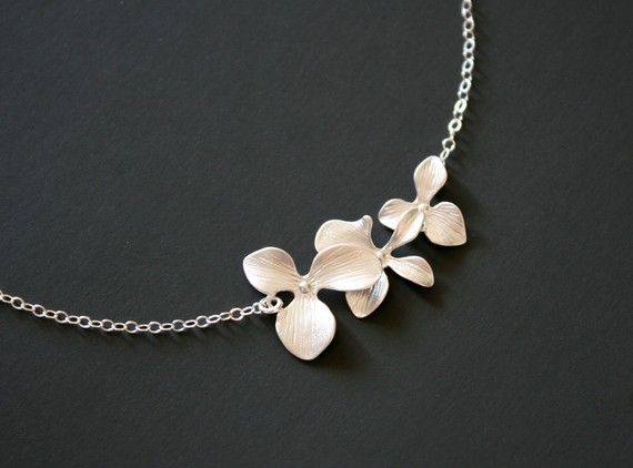 Triple Orchid Necklace Sterling Silver - wedding jewelry, bridesmaid gift, birthday anniversary gift, Christmas gifts, gifts for her