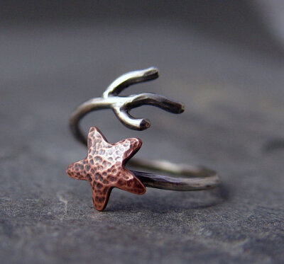 Copper Starfish Coral Adjustable Ring, Beach Jewelry, Starfish Ring, Ocean Jewelry, Gifts for her, Gifts under 40.00, Handmade