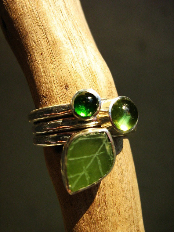 Adorable Green - Stack rings set - Green Tourmaline, Peridot and Vintage Jade Leaf - Ready to ship