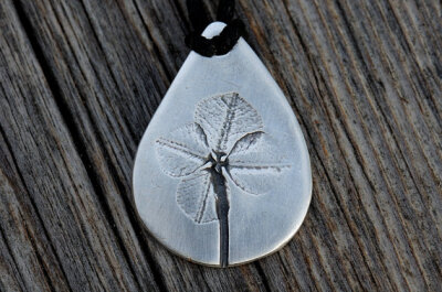 Silver lucky four clover pendant. Adjustable black waxed cotton cord. Handmade silver jewelry. One of a kind pendant.