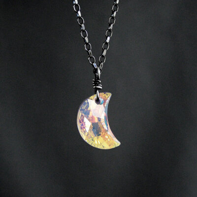 Swarovski Crystal Moon Necklace - Oxidized Sterling Silver - Crystal AB