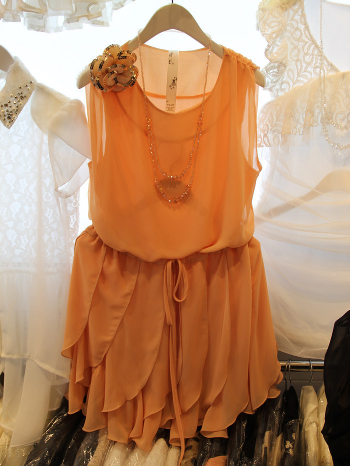 免邮 2012春装新款 韩国东大门直供 唯美橙色珠花公主雪纺连衣裙