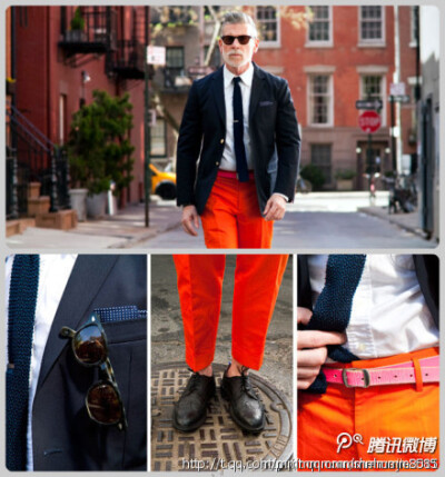 Nick大叔的最新街拍，大胆热情的橘色长裤与稳妥质感的黑色西服搭配，大胆却十分时尚