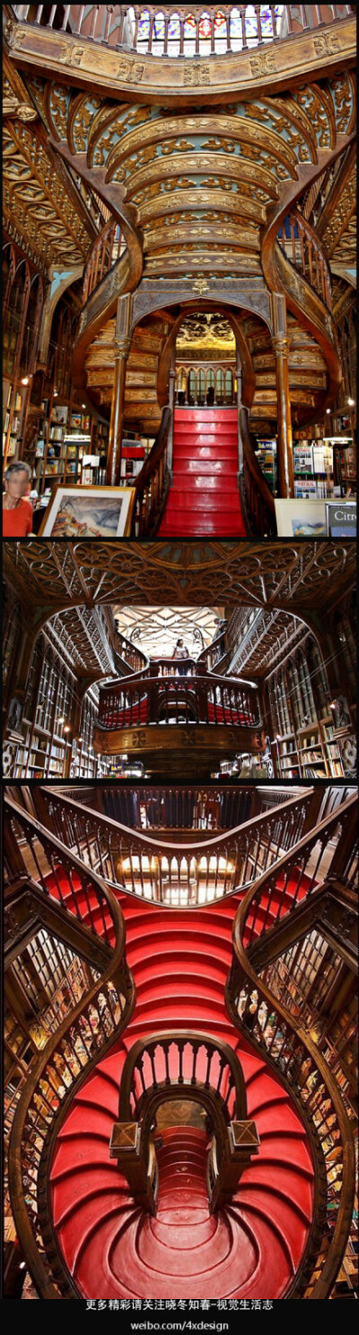 这里有好书-------葡萄牙波多。莱罗书店（Livraria Lello）自1881年开张，书店中央有一个蔚为壮观哥特式的木制楼梯，有着像海螺一样旋转的波浪弧度。读者可以透过玻璃楼顶，360度仰望天空。更多精彩请关注@晓冬知春-…