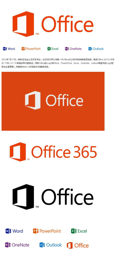 【微软新版Office标志】新版Office 2013（代号为“Offic 15“）新增多种功能特征，同时Office的Logo和Word、PowerPoint、Excel、OneNote、Outlook等组件的Logo图标也全面更新，向靠拢Metro UI风格的步伐继续迈进。