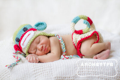 Colorful Sock Monkey Hat and Diaper Cover Set - Newborn to 3 months - Original Designer - Halloween Costume