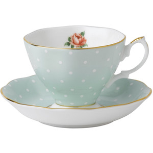 Royal Albert Green Polka Roses Vintage Teacup And Saucer Boxed Set