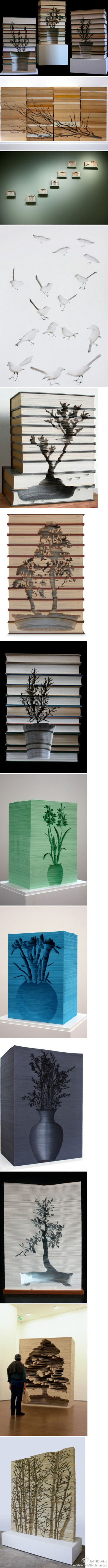 来自墨尔本的雕刻家Kylie Stillman利用书纸，雕刻出这一些列令人惊叹的艺术作品，惊喜的雕刻工艺加上令人震撼的表现形式，以及作品背后的深意——书本来源于植物，带有环保概念的作品更加值得欣赏！