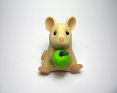 Little Tan Mouse with Green Apple Ornament Sculpture Teacher&#39;s Gift