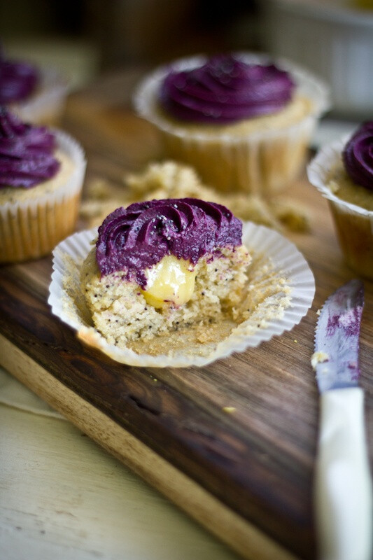 Lemon Poppy Seed Cupcakes with Lemon Curd Filling & Blueberry Cream Cheese Frosting