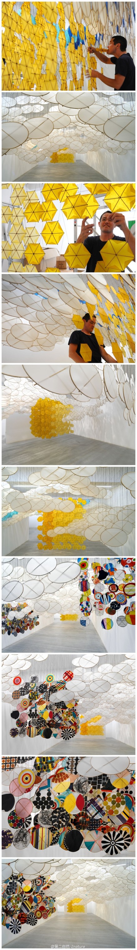 jacob hashimoto 在英国ronchini画廊举办个人艺术展，名为“the other sun”。这位美国出生的艺术家采用数以百计的小风筝为元素，以竹子和宣纸制作完成，涂满不同的图案。这次的作品旨在不断探索绘画和雕塑，抽象和景观之间的影响。