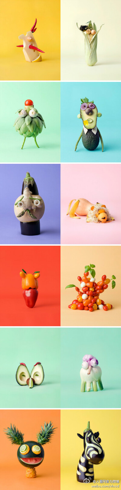 一组【蔬菜水果造型升级版】希望能给你带来好心情~这是一组来自瑞典摄影师、艺术家Carl Kleiner的作品，这位艺术家现居斯德哥尔摩，他擅长使用水果和蔬菜制作造型，漂亮又卡通。筒子们走起~