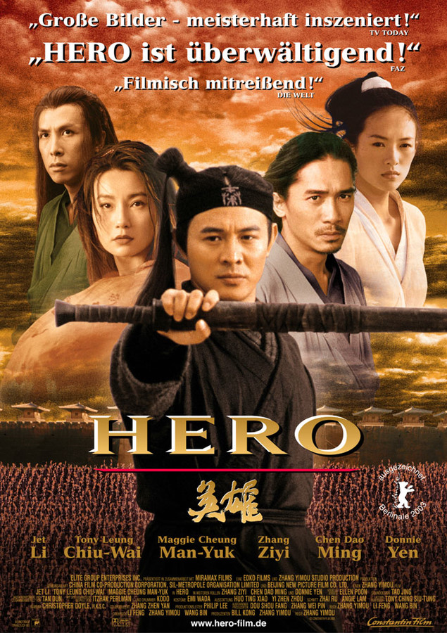 英雄 (2002) 在古代中国，战国时期人们有时候会视自己的奋斗目标高于生命，这部电影里没有人在意自己的生命．他们都把自己看成是历史中的一部分， 生命的辉煌在于改变历史，代价是牺牲生命．悲壮而且高贵.在&lt;英雄&gt;里连秦皇也是如此，他只是想留着命完成统一大业而已．