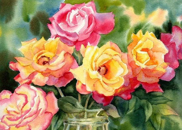 Mary Ellen Golden 水彩，花姿摇曳