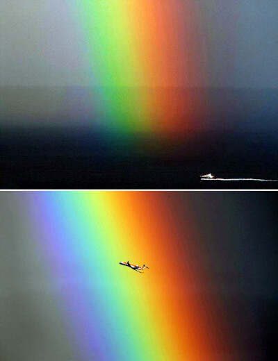 摄影师在法国度假胜地拍到彩虹尽头图片 2010年8月，摄影师莱昂纳尔从窗户向外望时看到了这一壮观景象。莱昂纳尔称：“当时沿海地区正在下雨，而陆地上是干的，我所居住的沿海地带有许多船只，我等待一艘船经过彩…