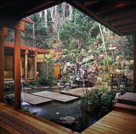 Backyard floating walkway; Asian garden design