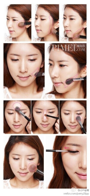 完美面部轮廓】1 蜜粉刷蘸取深色修容粉由耳边往颧骨下方刷，修饰两腮轮廓。2脸下缘向下渐层刷修容。3用蘸有余粉的粉刷轻轻推匀。4额头和眉毛之间用高光打亮。5将高光刷在鼻梁上。6打亮“眼下三角区”。7提亮人中与下巴，让脸型更修长