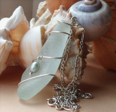 Seafoam English Sea Glass Silver Pendant