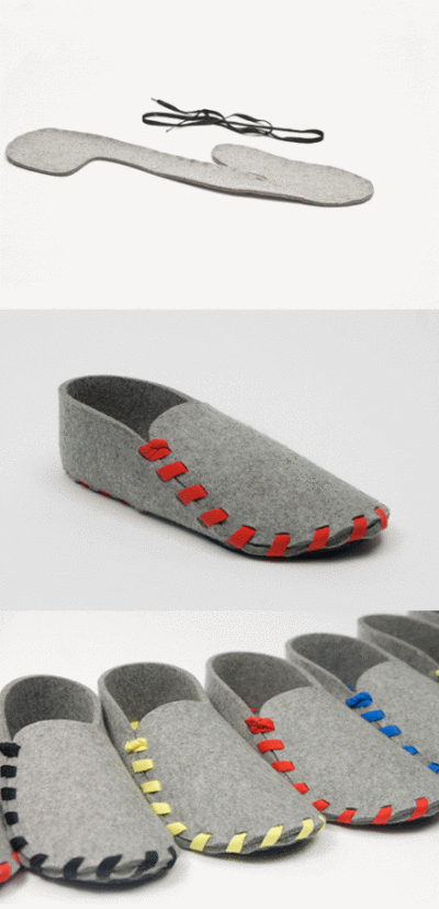 设计师Gaspard Tiné-Berès的产品Lasso鞋，由一片剪裁完好，5mm厚度的羊毛毡以及一条鞋带构成。鞋子需要顾客组装，先选好鞋带颜色，再把2D的几何羊毛毡切片通过鞋带来接缝，最后形成这双简易的拖鞋。Gaspard深信自主…