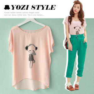 包邮U-635-010夏装2012韩版时尚女装卡通图案圆领蝙蝠袖雪纺衫 只需48.00元