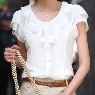 夏韩版雪纺衬衫圆领短袖白色纯色淑女通勤衬衫 荷叶边 只需39.00元