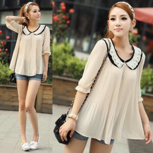 2012潮夏装女装 褶皱雪纺衫花边娃娃领中袖衬衫 显瘦大码蕾丝上衣 只需70.00元